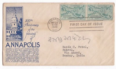 United States FDC 1949 Annapolis Used to India BO Delivery CDS - Image 1 of 2