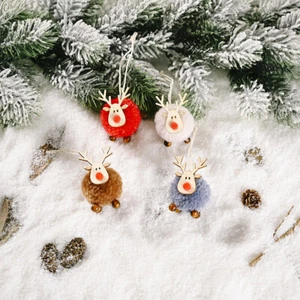Christmas Ornament Reindeer Wooden Pom Pom Red Nose Deer Hanging Tree Decor - Picture 1 of 10