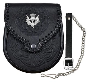 Leather Sporran Double Embossed Scottish Black Leather Kilt Sporran With Belt - Picture 1 of 1
