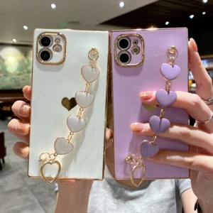 For iPhone 16 Pro Max 15 14 13 12 11 Plating TPU Heart Wrist Chain Case Cover - Picture 1 of 19