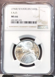 1968 VATICAN SILVER 500 LIRE FAO POPE PAUL VI NGC MS 66 SCARCE HIGH GRADE - Picture 1 of 3