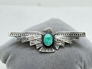Fred Harvey Era Navajo Sterling Silver Turquoise Thunderbird Pin Stamped 2.5” 7g