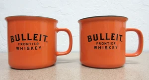 2 BULLEIT FRONTIER WHISKEY Orange & Black Campfire-Style Ceramic Mugs 12 oz - Picture 1 of 9