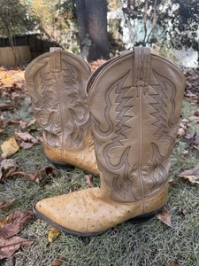 Tony Lama Bota Hombres 9.5 D Beige Tostado Exótico Pluma Completa Avestruz Vaquero Western 8866 - Imagen 1 de 13