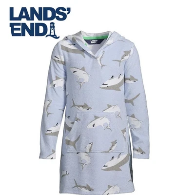 Lands' End Talla X-LG Niños Manga Larga Con Capucha Natación Encubrimiento Tiburones Terry Tela Azul Foto 1 de 4