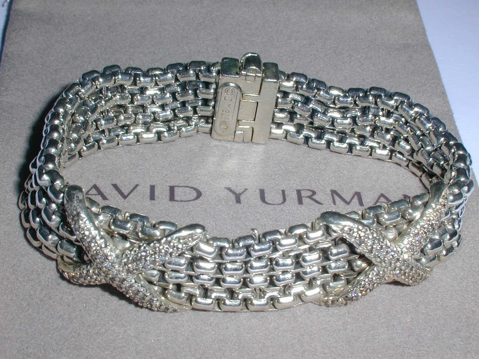 David Yurman 钻石双 X 纯银盒链手链 - 6 1/2 英寸长 - 0.61 TCW! — 第 1/4 张图片
