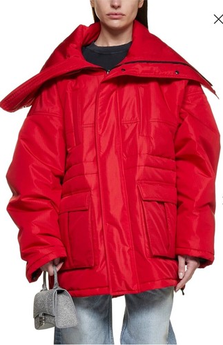 Giacca parka Balenciaga nuova con etichette tecnica ripstop rossa collo oversize swing US 4 36