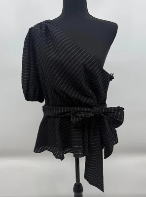 Nine West Top Women XL NEW Black Striped Peplum One Shoulder Puff Sleeve - Image 1 of 4