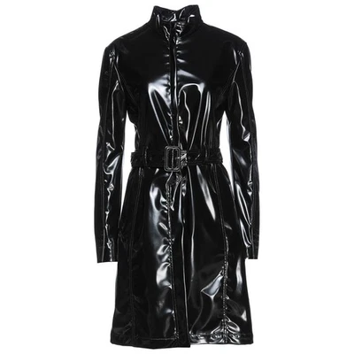 Puritues Black PVC Shiny Long Trench Coat – Gothic Punk Vinyl Jacket with Belt - Image 1 of 3