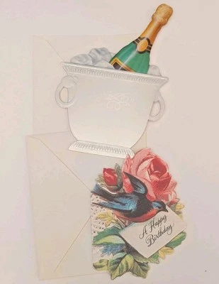 Lot Of 2 Retro Hallmark Die Cut Blank Cards Champagne Rose Happy Birthday NOS - Image 1 of 4