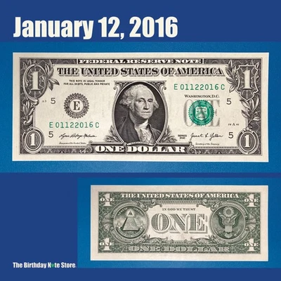 January 12, 2016 Birthday Anniversary $1 One Dollar Bill Serial Number 01122016 - Image 1 of 2