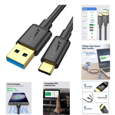 USB C Kabel 3m Schwarz 5Gbps Datenladung kompatibel Smartphone SSD - Bild 1 von 4