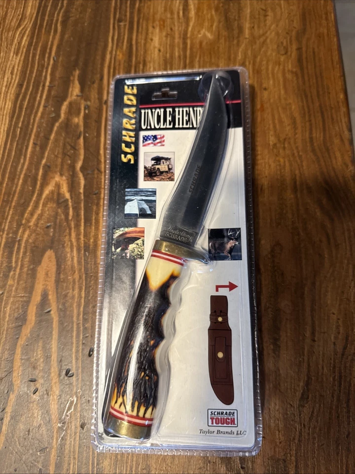 CUCHILLO SCHRADE - HOJA FIJA TÍO HENRY #153UH - ESPIGA DORADA + FUNDA DE CUERO Foto 1 de 1