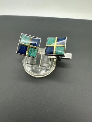 Dolan Bullock 纯银 925 袖扣双色蓝色珐琅签名套装 — 第 1/4 张图片