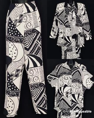 复古 20 世纪 80 年代黑色白色西装套装,夹克裤 3 件抽象新浪潮 L XL — 第 1/4 张图片