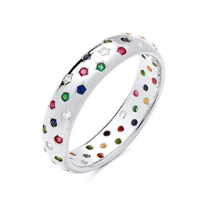 Sterling Silver 925 Emerald Ruby Sapphire & Simulated Diamond Eternity Band Ring - Image 1 of 4