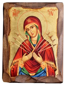 Icona Madonna Addolorata fatta a mano tela foglia oro legno naturale - Foto 1 di 1