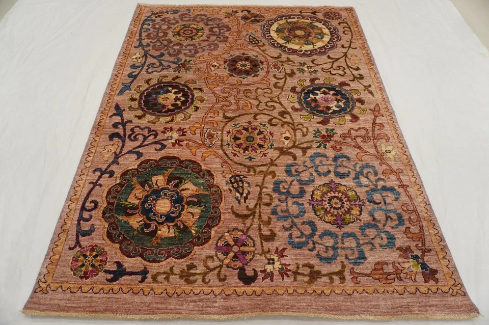 5 x 7 ft Purple Suzani Afghan Hand Knotted Wool Transitional Area Rug - Image 1 of 4