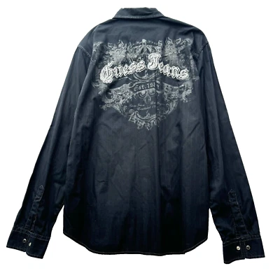 Y2K Guess Mens XL Black Pearl Snap Long Sleeve Button Up Embroidery Grunge 00s - Image 1 of 4