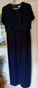 KAREN MILLER Women Navy Blue Beaded Long Formal Ball gown Size 14 Petite Silk - Picture 1 of 10