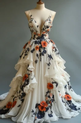 Vinatge Champagne Wedding Dresses V Neck with Florals Tiered A-Line Bridal Gowns - Image 1 of 4