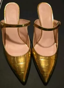 J.Crew $268 Colette Mule Tacchi Pelle Metallizzata Croc Goffrata Taglia 6,5 - Foto 1 di 9