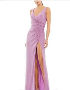 Abito Mac Duggal 26513 scollo a V increspato jersey elasticizzato lilla imbottito spacco laterale tg 12 - Foto 1 di 6