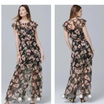 WHBM Black Impatiens Flutter Sleeve Tie Neck Maxi Dress XS - Изображение 1 из 4