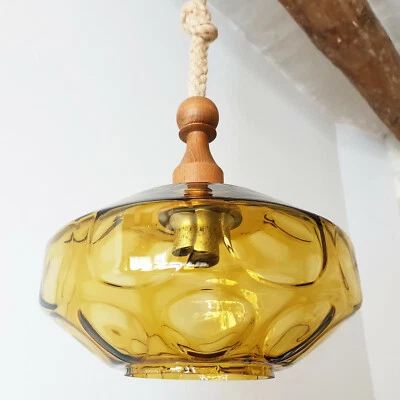 LUSTRE SUSPENSION 1960 VINTAGE EN CORDE, VERRE DORE & TECK 60S 1960S  - Photo 1/4