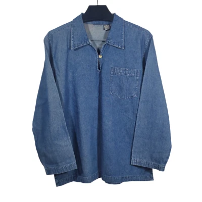 Camisa polo masculina manga longa jeans gola Henley azul hippie boho casua - Imagem 1 de 4