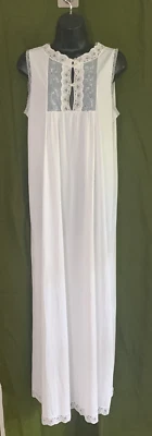 Vintage Long White Silky Nylon Nightgown Lace Blue Embroider Flowers Cottagecore - Image 1 of 4