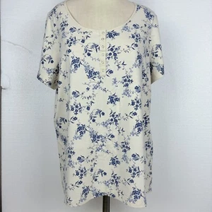 Fashion Bug Henley Top Size 1X Beige Blue Floral Print Scoop Neck Snap Closure - Picture 1 of 11