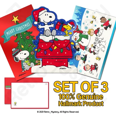 Snoopy Christmas Cards Peanuts Woodstock Charlie Brown - Set of 3 - HALLMARK - Image 1 of 4