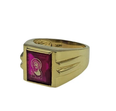 Новое мужское кольцо Jesus Christ Face Religion из настоящего золота 14 карат с красными фианитами 11,3 г размер 9,5 - Изображение 1 из 4