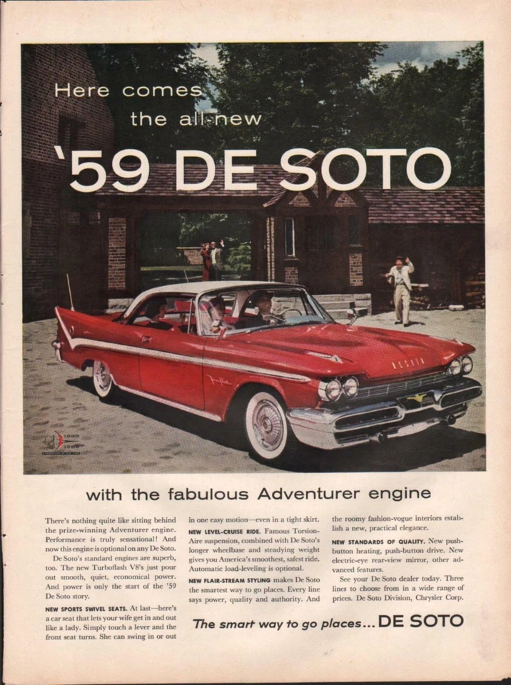 DeSoto 1958 anuncio impreso Fireflite blanco sobre rojo 2 puertas asiento giratorio cabina retiro tema Foto 1 de 1
