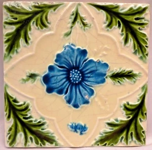 Antique Tile Majolica Flower Purple Art Nouveau England Floral Architecture"154 - Picture 1 of 3