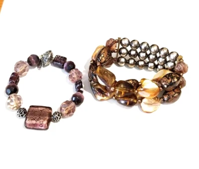 **Cookie Lee Lot 2 Chunky Art Glass Crystal MOP Bracelets** - Изображение 1 из 4