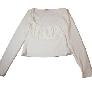 TOBY HEART GINGER white crop top long sleeve Ruched Bust Square neck Size L - Picture 1 of 12