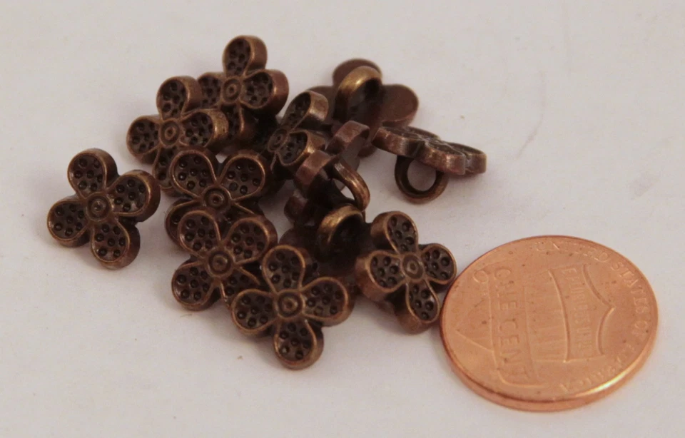 12 Tiny Antiqued Brass Tone Black Accent Metal Buttons Flower 3/8" 9MM  # 6040 - Image 1 of 1