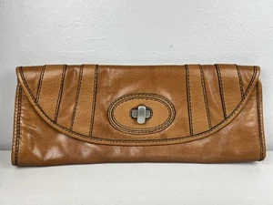 FOSSIL Fifty Four Brown Genuine Leather Clutch Turn Key Closure EUC 14.5"x6" - Picture 1 of 19