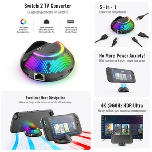 For Nintendo Switch 2 Console HDMI Adapter 5 in 1 TV Dock Station with RGB Light - Picture 1 of 14