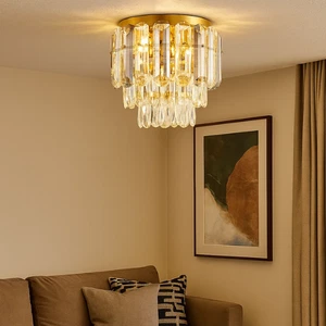 Crystal Chandelier Round Ceiling Light Tiered K9 Luxury 30cm Smoked Glass Gold - Picture 1 of 8