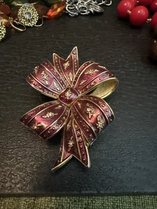 Joan Rivers Bow Brooch Maroon Burgundy Enamel Crystal Accent Ribbon Brooch Pin - Picture 1 of 3
