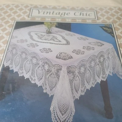 Beige Crochet Lace Vinyl Tablecloth Vintage Doily Table Cloth Rectangle 60x90 - Image 1 of 4