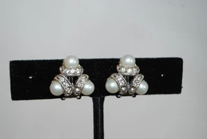 Vintage Bogoff White Rhinestone and Faux Pearls Clip On Earrings - Picture 1 of 8