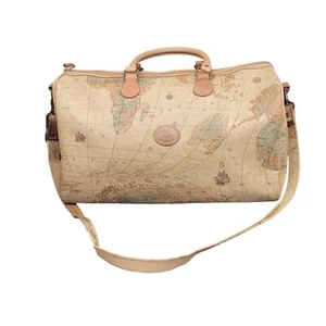 Allen Edward Vintage Map Print Duffel Bag With Leather Trim & Adjustable Strap - Picture 1 of 14