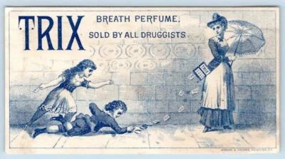 TRIX BREATH PARFUM*MONTPELIER VERMONT*BIXBY & CO*DROGIST*THIN PAPER TRADE CARD - Bild 1 von 2