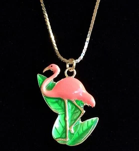 Pink Flamingo Necklace 24" Chain Island Tropical Silver Plated Enamel Plus Size - Picture 1 of 11