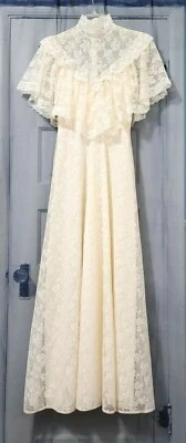 NEW VTG USA LONG Country Prairie Formal Wedding Dress XS Ivory Button High Neck - Image 1 of 4