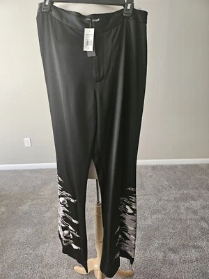 Natori – Black Tuxedo Satin w/White, Gray, Black Embroidered Pants (Size 8) - Image 1 of 4